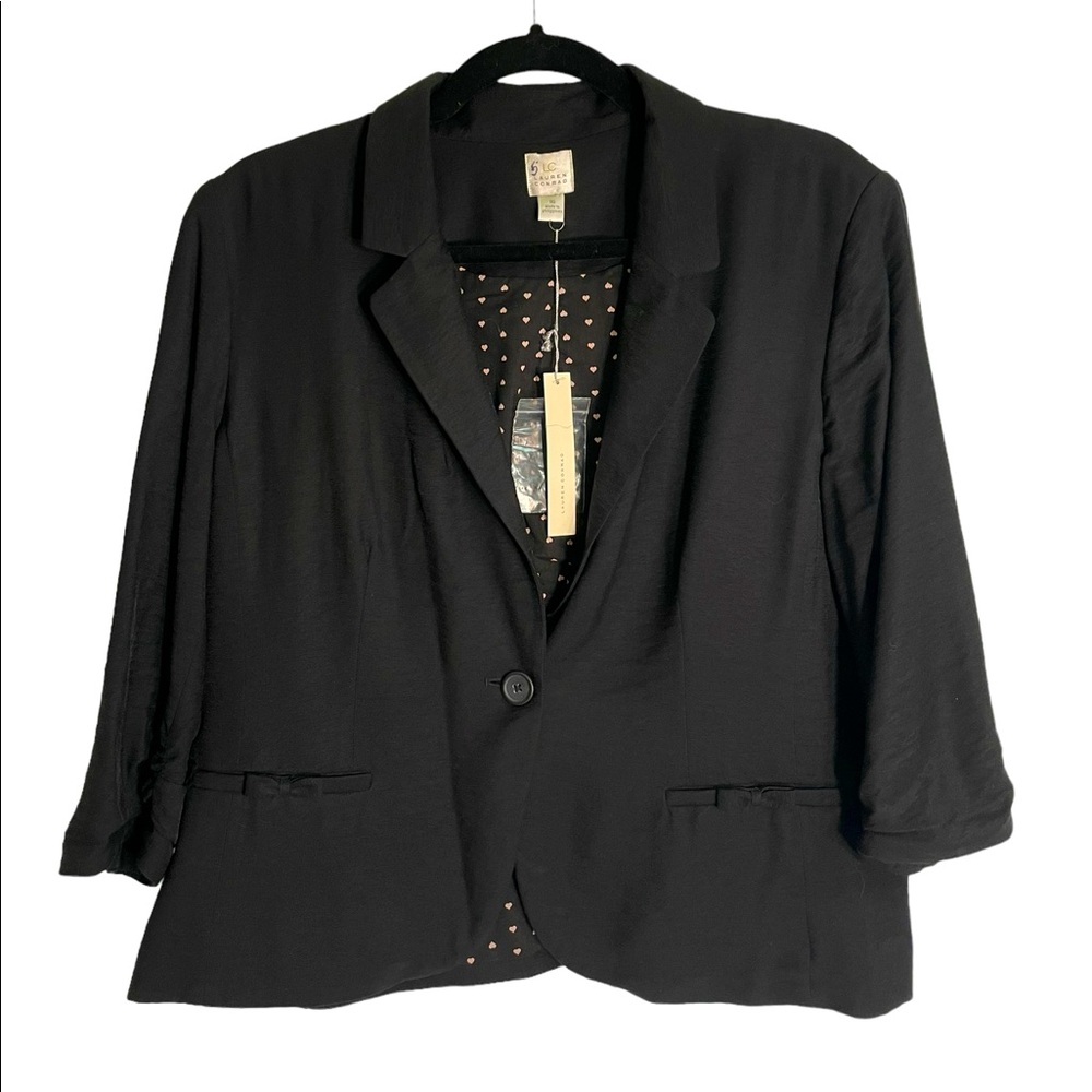 Lauren Conrad Crop Blazer Women Size 16 Black Lined 3/4 Ruched Sleeves